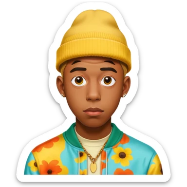 Tyler the Creator with his iconic look, wearing a colorful outfit sticker