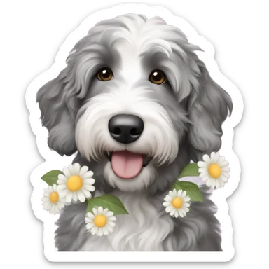 Grey and white Miniature aussiedoodle smelling flowers  sticker