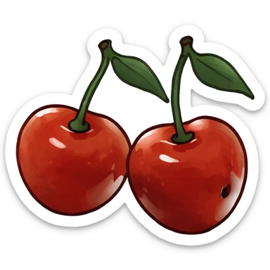 3D style two shiny red cherries hanging from a wooden branch with small green leaves sticker