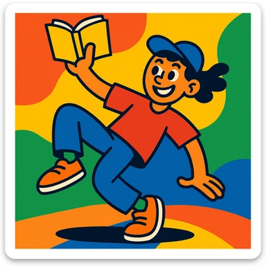 a character performing a dance move with one hand holding an open book, smiling, lively and fun atmosphere sticker