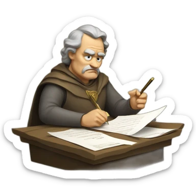 middle ages taxman, angry, writing on a paper, pile of gold sticker
