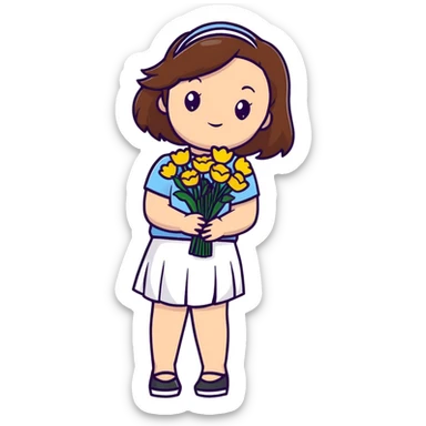 girl with brown hair wearing a white skirt holding a bouquet of flowers sticker