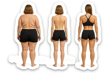 fai una donna di spalle in gym shorts leggermente sovrappeso e con cellulite e accanto una seconda donna di spalle magra (che è dimagrita post dieta) e accanto una terza donna in forma allenata e con le giuste proporzioni, l'immagine deve rappresentare il processo: da donna grassa, a donna piatta e magra, a donna allenata e in forma con i giusti muscoli, iperrealistico 4k sticker