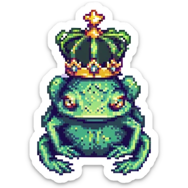 a sad frog in pixel art style, surreal features, three eyes, floating crown sticker