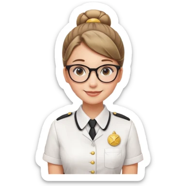 Young girl, bun hair, wearing uniform of reception with hotel name badge, glasses, stand behind the desk

 sticker