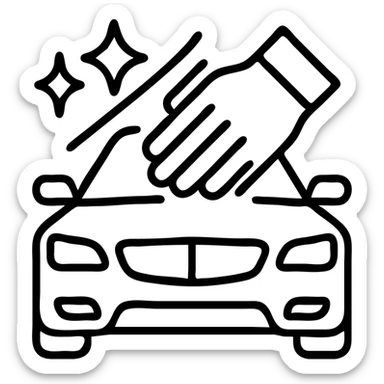 outlined icon of a gloved hand wearing a black glove on the hood of a luxury car, drops or sparkles, black as main color, white or silver accents, soft motion lines for cleaning, minimal and modern sticker