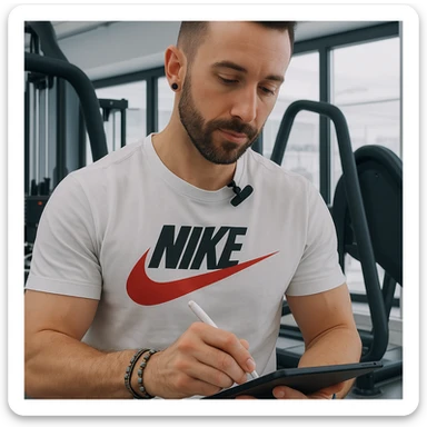 Personal trainer in a gym, inspired by the person in the reference photo, writing a workout plan on a tablet, in a modern and bright environment. sticker