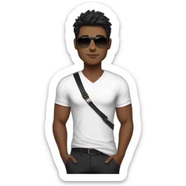 A Brown young fit man with a white shirt and sunglasses on his hair with black hair and a French flag in his hand sticker