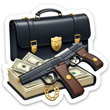 Icon for Action & Crime Reading: an open book with a silhouette of a gun, a bag of money, and a police badge on the pages. Surrounding elements include a pair of handcuffs, a briefcase, and scattered bullet casings. Transparent background. sticker