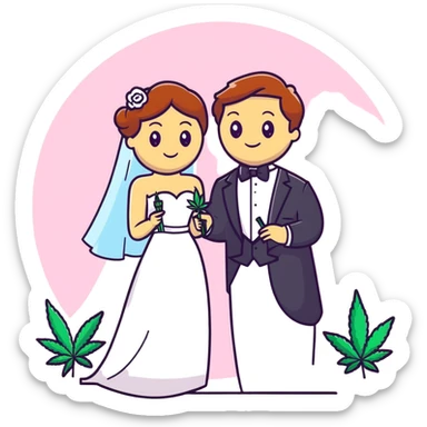 Bride in white dress and groom in tuxedo sharing a cannabis joint, cheerful cartoon wedding couple with festive colorful background sticker