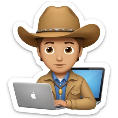 cowboy coder with a laptop infront and he is white sticker