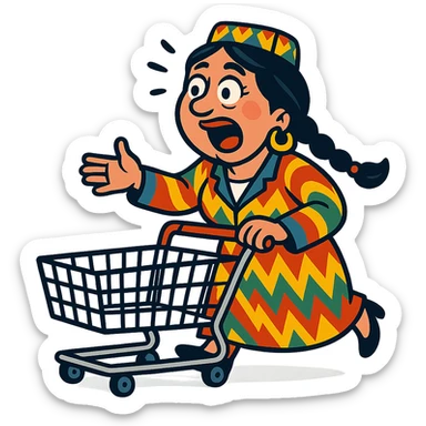cartoonish Uzbek woman with a shopping cart, exaggerated emotions sticker
