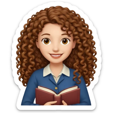 Long Hair Women with Book, Brown curly hair, happy

 sticker