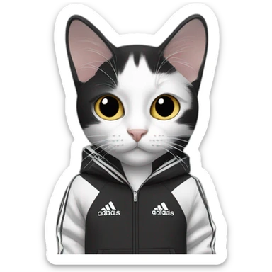 Black and white cat with adidas track suit sticker
