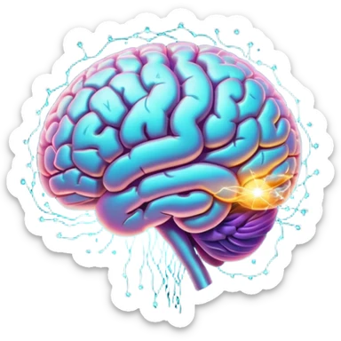 brain with glowing quantum particles around sticker