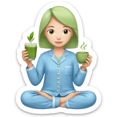 wearing sky blue pj and holding matcha sticker