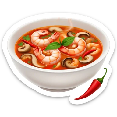 Cinematic Realistic Tom Yam Kung Soup Dish Emoji, showcasing a spicy, sour shrimp soup with herbs and mushrooms rendered with lifelike textures and bold, dynamic lighting. sticker