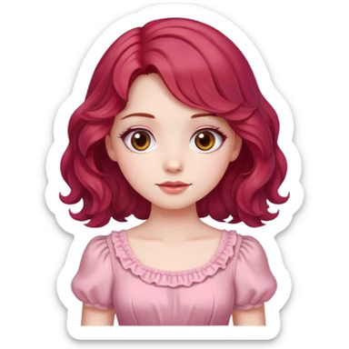 A pale girl with cherry red wavy hair and brown eyes, wearing a pink cute dress. sticker