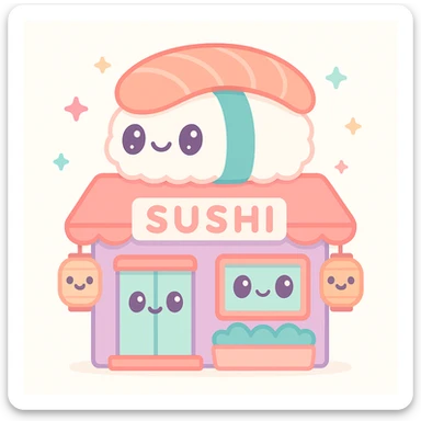 sushi house, cozy Japanese restaurant exterior, warm lighting, cute cartoon style sticker