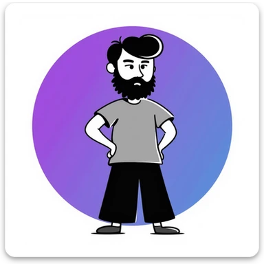 A hero emoji inspired by Moscow, featuring a character with a beard and short hair, wearing a gray t-shirt, with a purple and blue gradient background sticker