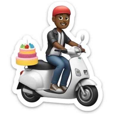 Gay man on e-scooter delivering a cake sticker