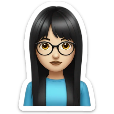 girl with blue eyes black hair fringe white skin and a little cheek and glasses sticker