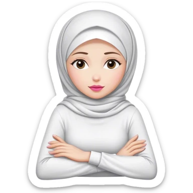 white hijab women are listening with her hands folded cross-over on the table. Her outfit is white. Her lips color is pink. sticker