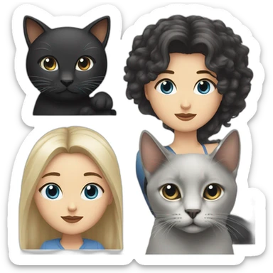 white female with blue-gray eyes and long hair with white male with dark long bob hair and brown eyes holding black cat sticker