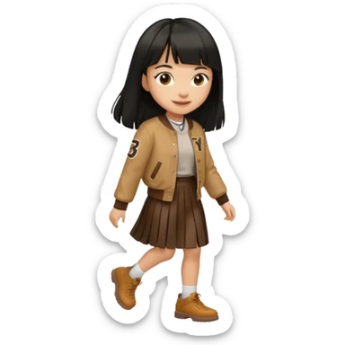 black color long hair with fringe, light skin long hair girl with brown varsity jacket and long skirt walking

 sticker