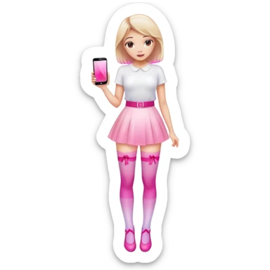 Cute girl character in stockings adjusting fashion accessory, pink gradient, glass effect, minimalist design sticker