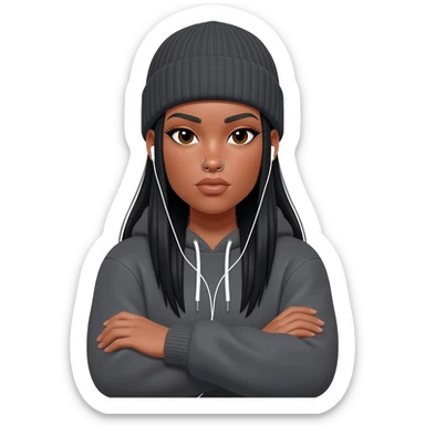 White curvy female with long straight black hair wearing a beanie and standing with arms crossed wearing a hoodie and both nose piercings listening to music sticker