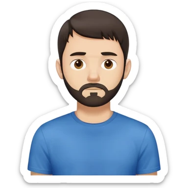 Man with longer dark brown straight hair past ears with bangs, short beard covering whole face, neutral expression, basic blue t-shirt sticker
