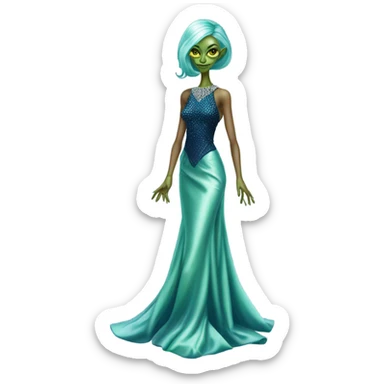 reptilian green alien woman, in long slim pastel blue formal party satin dress with gradient shiny sparkling navy blue diamonds embroidered, full body full figure sticker