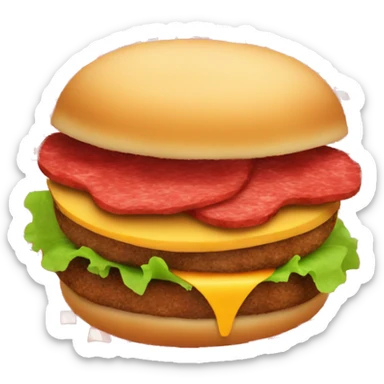 A meat patty sandwiched between two potato slices in red sauce sticker