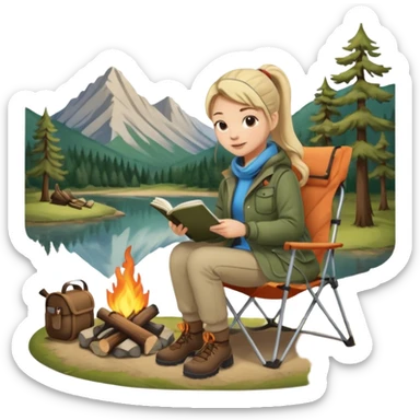 A pony tail hair woman journaling on a camping chair, enjoying the quiet nature scene beside a campfire sticker