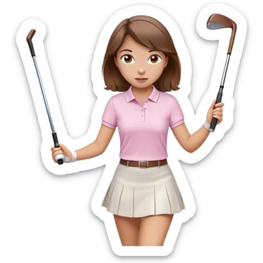 A brown haired girl with a light pink polo and a white skirt swinging a golf club sticker