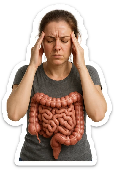 donna molto stanca e stressata che si massaggia le tempie con intestino umano anatomico realistico in evidenza, sfondo bianco, iperrealistico 4k sticker