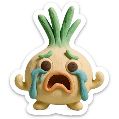 claymation green onion character, round white body, big expressive eyes, green leafy hair, dramatic crying face with streams of onion juice tears, playful and humorous pose, pastel kawaii style, visible fingerprints and soft clay textures, excellent lighting, transparent background sticker