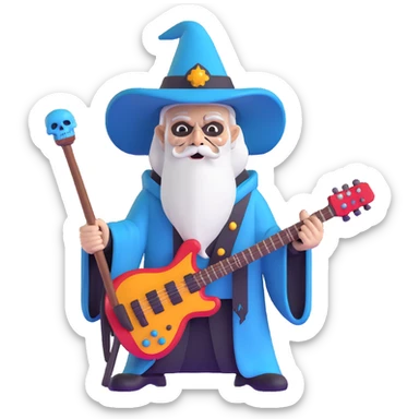 wizard with electric guitar staff, heavy metal, skull decorations sticker