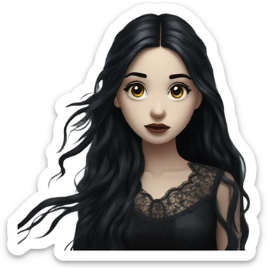 Dramatic girl  very pale with dark lighting  with black hair  in river with very very long lace dress  black long hair flying in the wind sad face  white eyes sticker