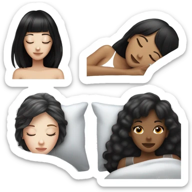 Woman pale skin black hair with bangs sleeping in bed, white woman sticker