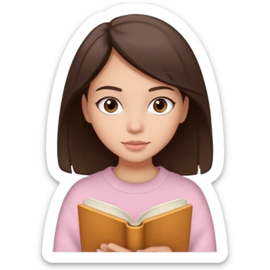 Pretty brown eyed brunette girl with light pink sweater reading cozy sticker