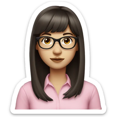 Girl with long dark brown hair and bangs and black glasses pale skin pink shirt sticker