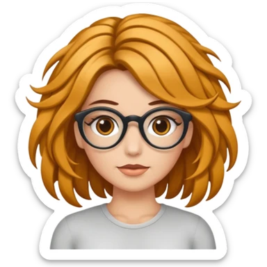 Uma garota de cabelos cacheados compridos e mechas loiras, com pele morena clara e óculos sticker