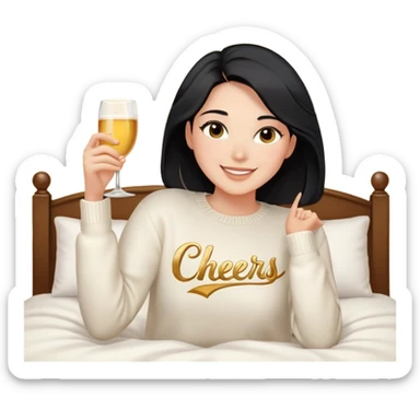 A woman with shoulder-length black hair, light to medium skin tone, full cheeks, and almond-shaped eyes, wearing a white sweater with the word 'cheers' in gold script, lying comfortably on a bed with soft lighting, joyful and radiant expression, no drinks. sticker