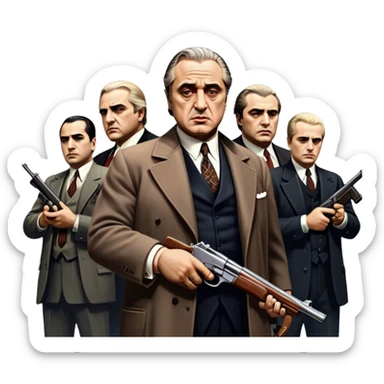 A vintage movie poster-style design featuring Don Vito Corleone surrounded by gangsters with Tommy guns. Include a dark, moody noir atmosphere with skyscrapers of New York in the background. The scene should be tense and mysterious, with a retro cinematic feel. Transparent background. sticker