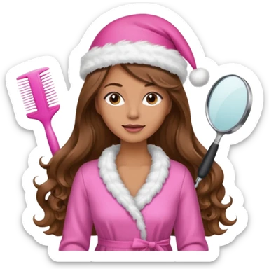 mujer peinandose en la peluqueria y con un gorro de navidad rosado, cabello largo café y ondulado sticker