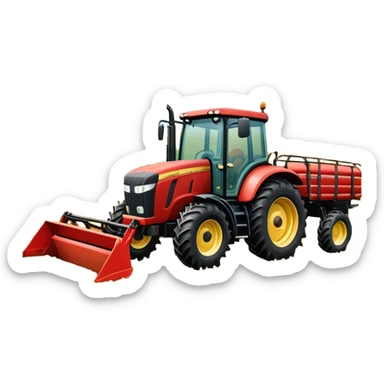 An icon representing a farming simulator, with a detailed tractor plowing fields under a bright sky with bright rural landscape. The design includes farming tools, crops and barns, symbolizing the immersive experience of managing a farm. Transparent background. sticker