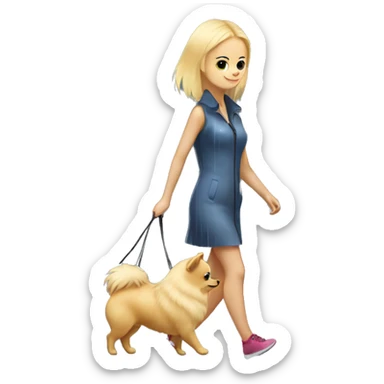Blonde girl walking tiny pomeranian under the rain sticker