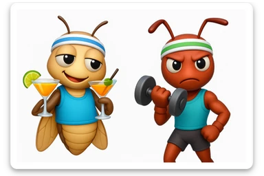 EMOJI STILE IPHONE 3D DI UNA CICALA E UNA FORMICA IN ABITI FITNESS, LA CICALA HA IN MANO UN COCKTAIL MENTRE LA FORMICA HA IN MANO UN MANUBRIO DA PALESTRA. L'IMMAGINE RAPPRESENTA IL FATTO CHE LA FORMICA VOGLIA IMPEGNARSI REALMENTE PER CAMBIARE IL SUO FISICO MENTRE LA CICALA SI VUOLE DIVERTIRE E NON CONCLUDE NULLA ALLA FINE sticker